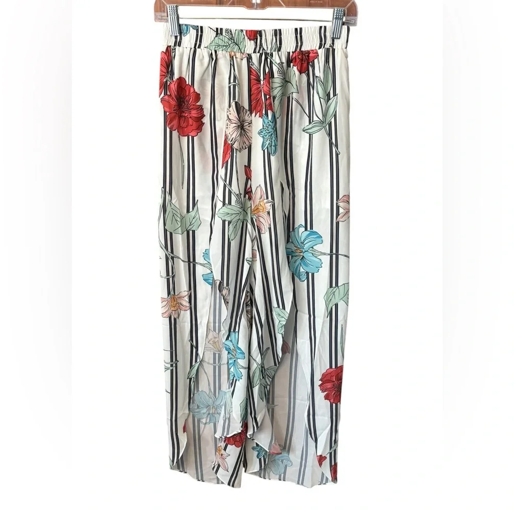 FREE THE ROSES Floral Striped Wide Leg Pants Slit Boho Vacation Size Small NWT